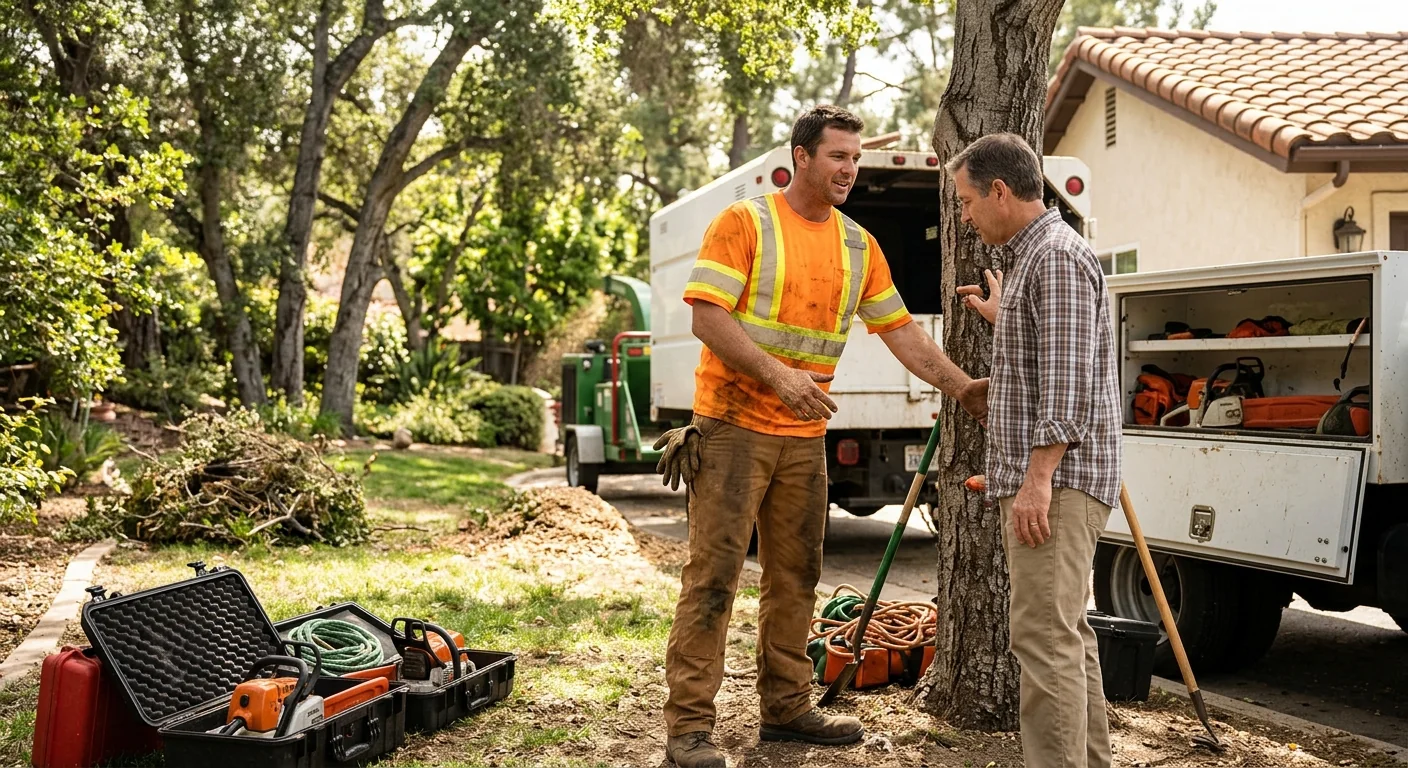 Tree service crew reviewing a written estimate with a homeowner in Thousand Oaks