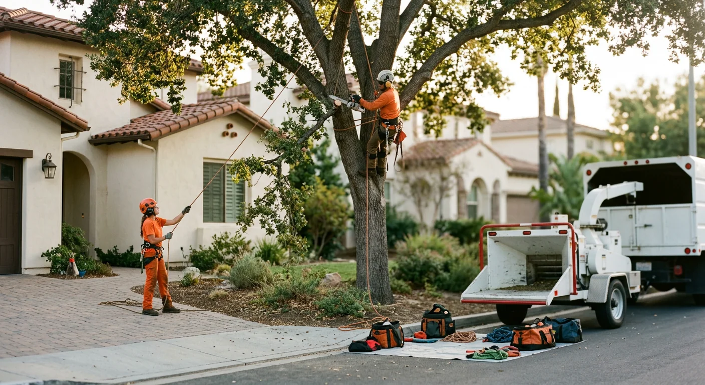Arborist assessing mature oak canopy on a Thousand Oaks residential street