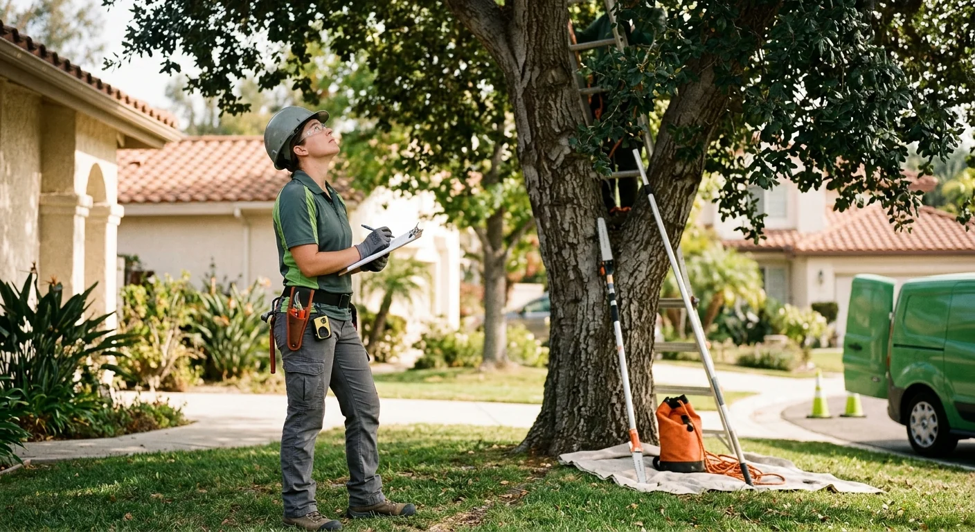 Arborist reviewing a tree and taking notes during an on-site assessment