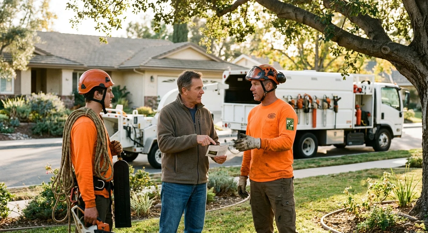 Homeowner and crew confirming a scheduled tree service visit outdoors
