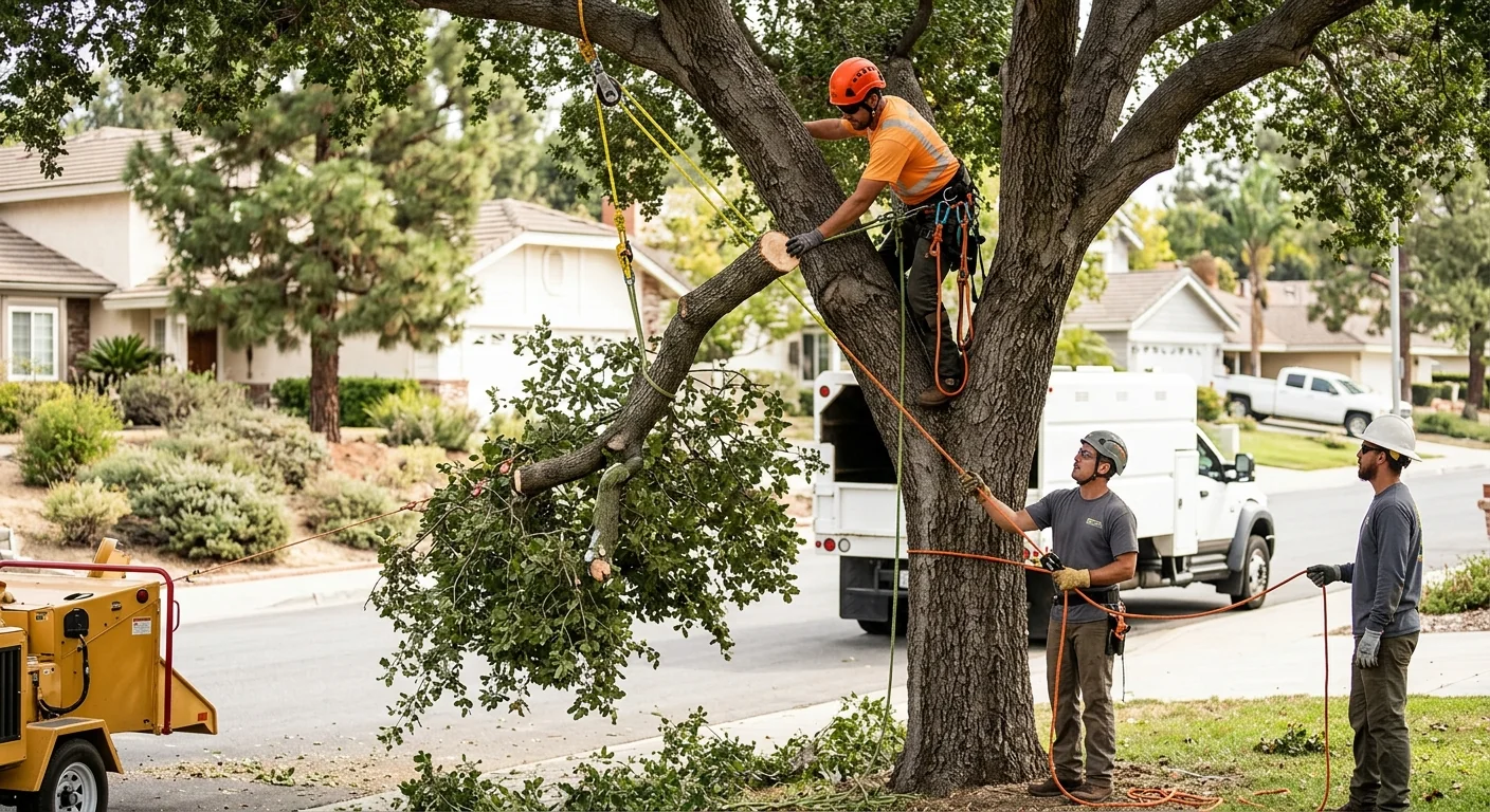 Tree crew lowering a cut limb with controlled rigging ropes