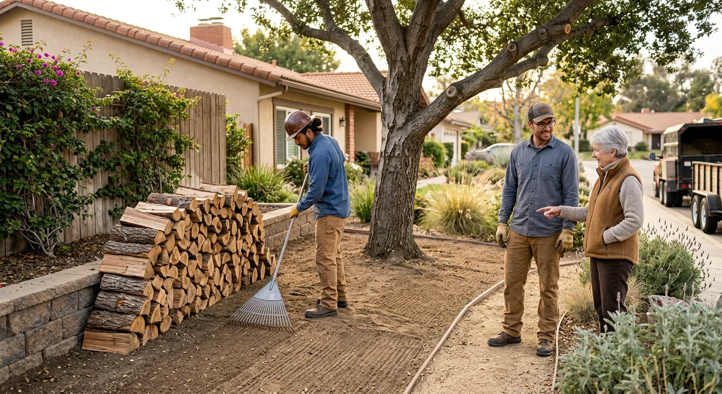 Clean yard after tree work with raked ground and stacked logs