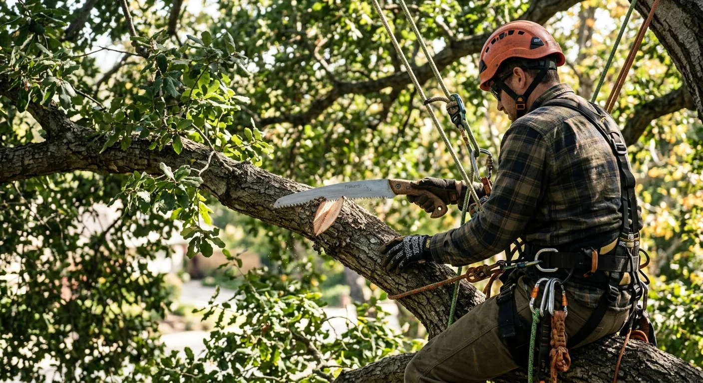 Arborist making a precise pruning cut high in an oak canopy in Thousand Oaks