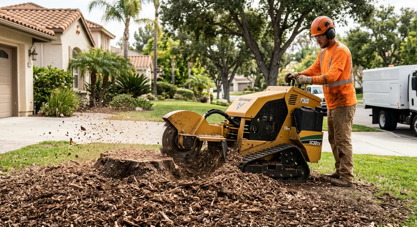 Stump grinder reducing a tree stump to mulch in a front yard