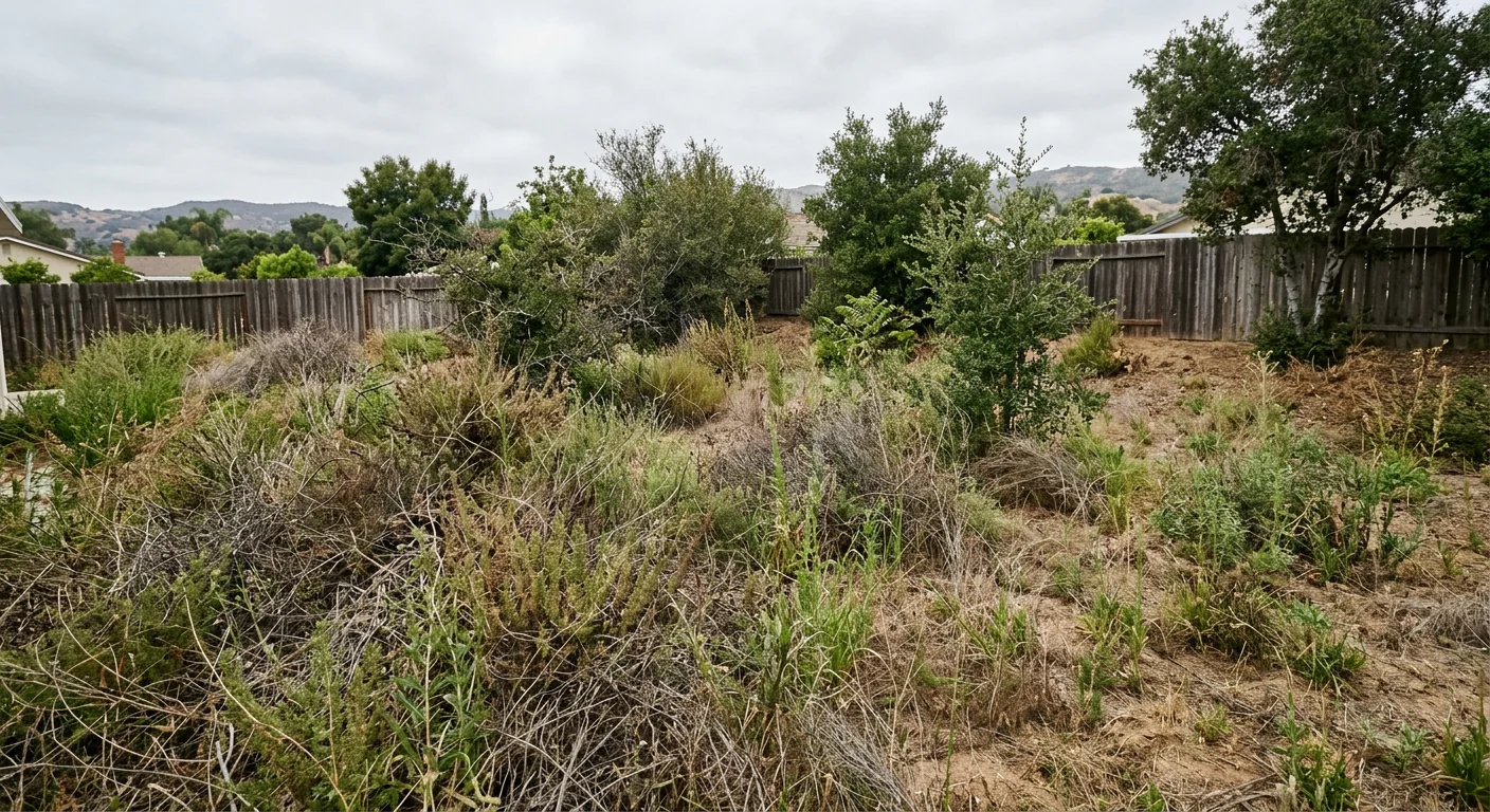 Overgrown side yard before land clearing with heavy brush and small trees