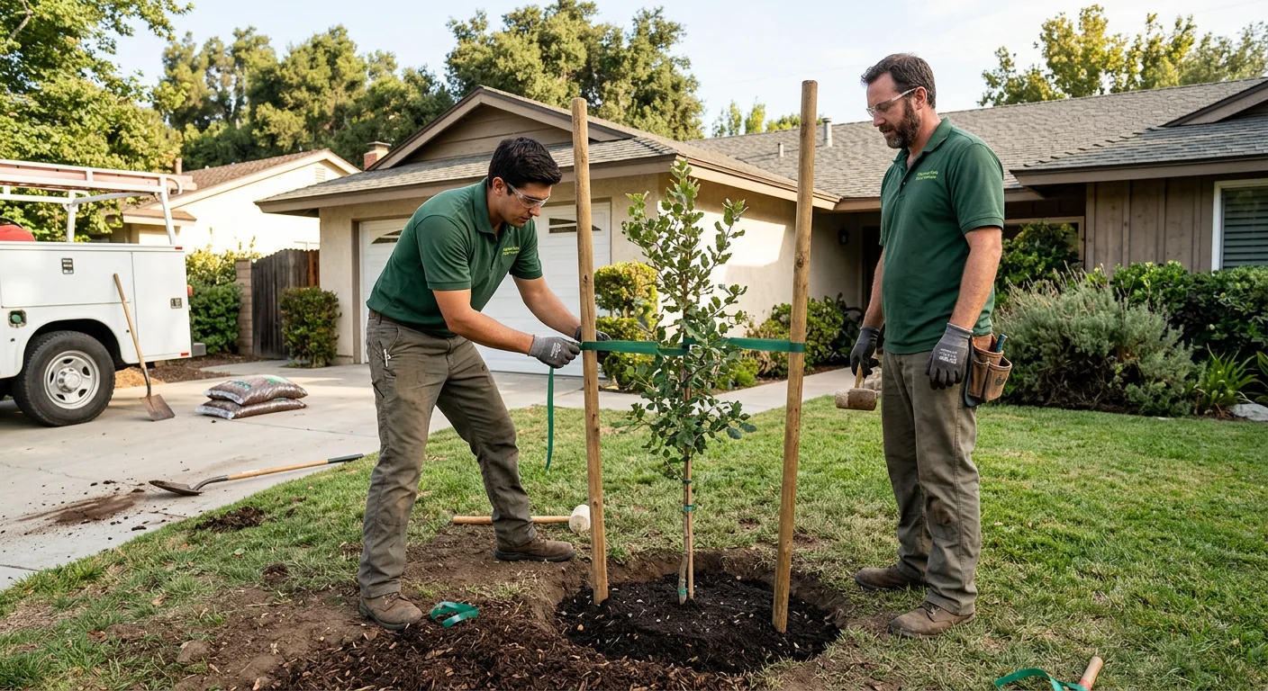 Freshly planted young tree with staking in a Thousand Oaks front yard