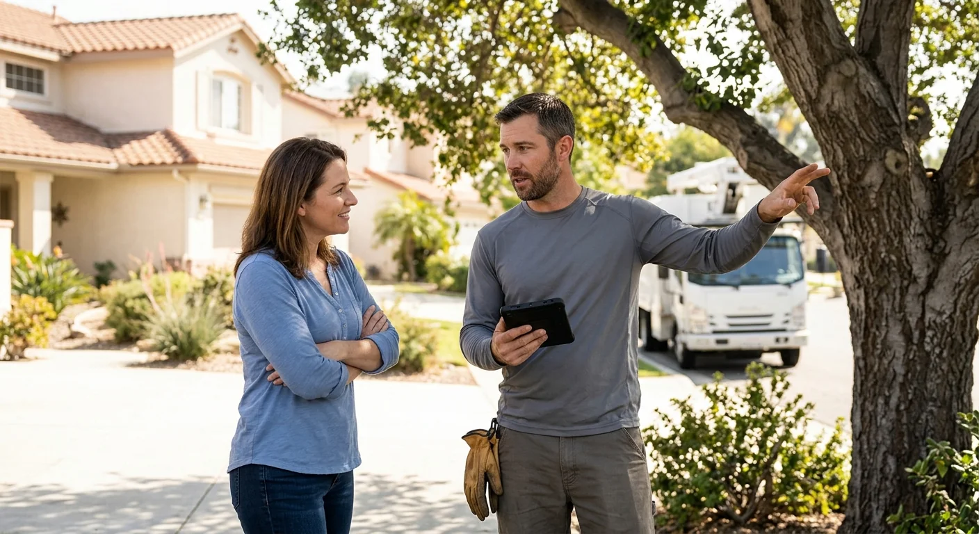 Tree service professional taking an urgent homeowner call in Thousand Oaks