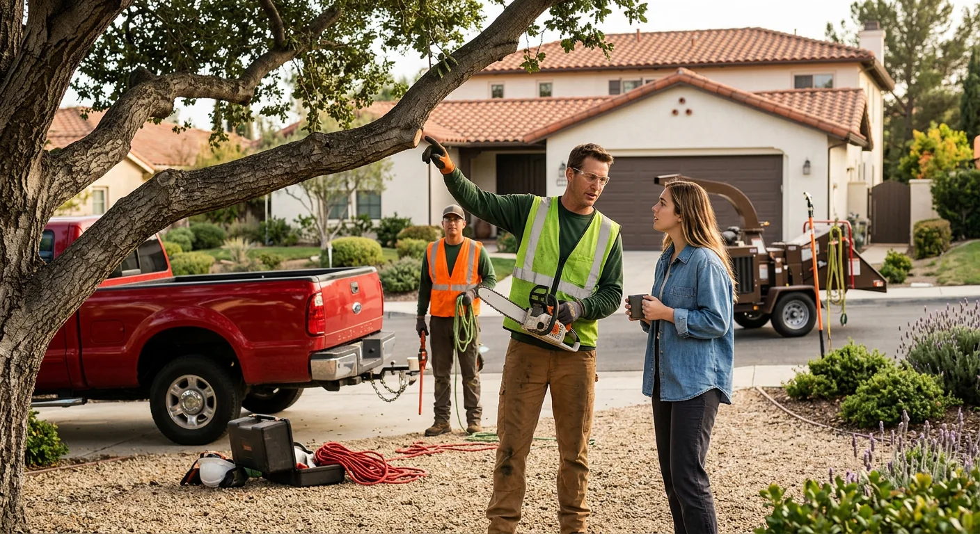 Tree service crew completing a post-job walkthrough with a homeowner at a Thousand Oaks property