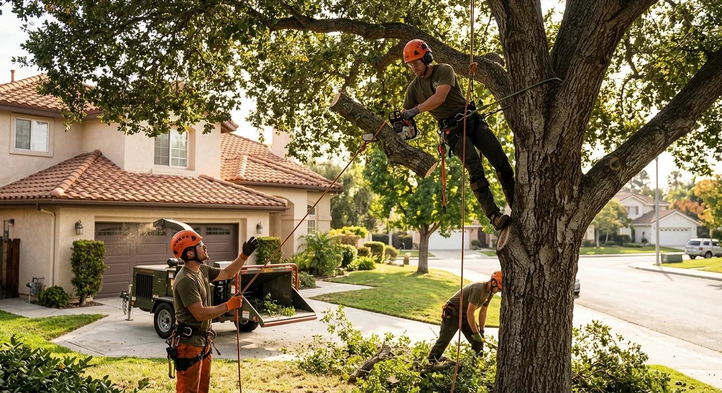 Crew evaluating a large canopy before pruning at a Thousand Oaks residential property