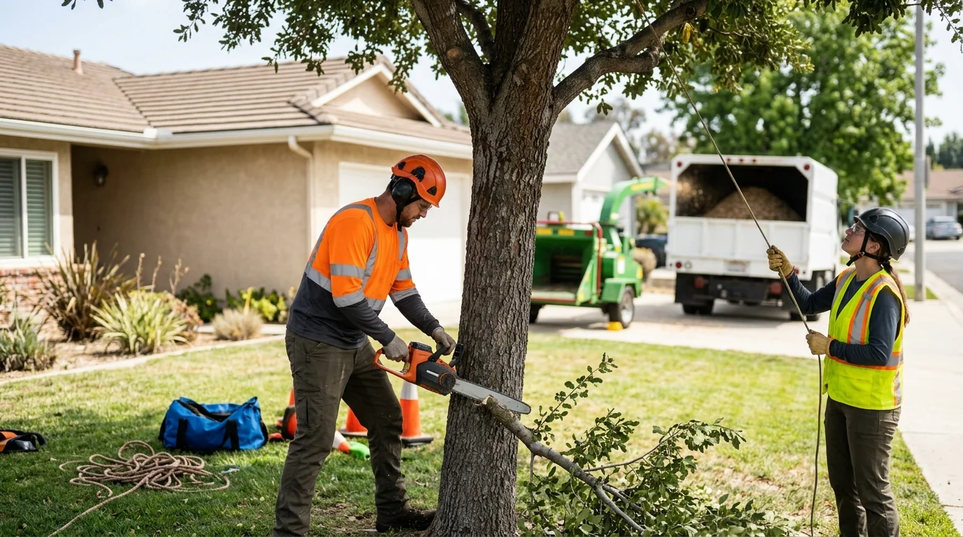 Homeowner reviewing a written tree trimming estimate on a porch