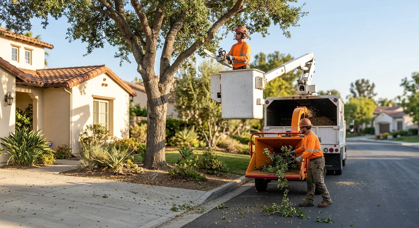 Arborist trimming leafy branches on a residential tree in Thousand Oaks