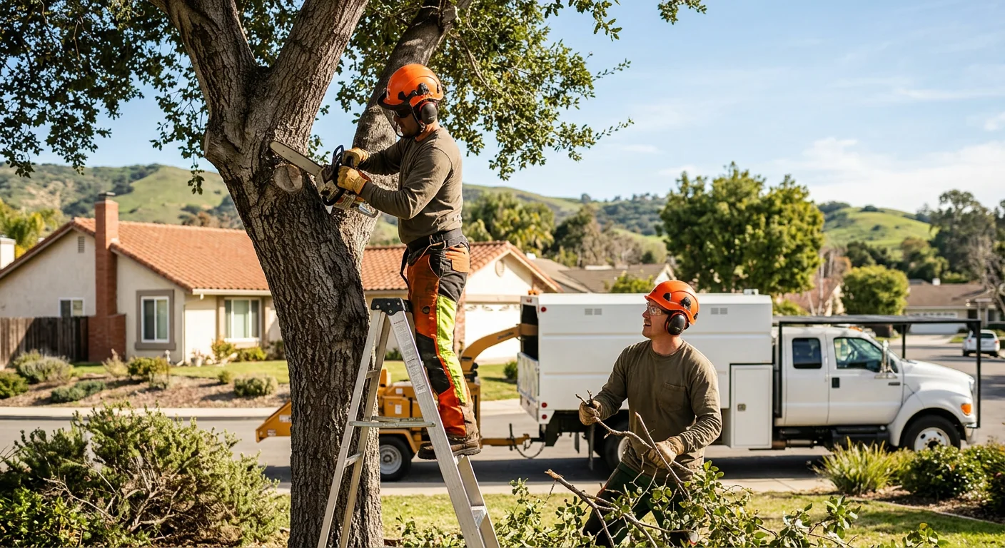 Arborist trimming a mature oak canopy at a Thousand Oaks home