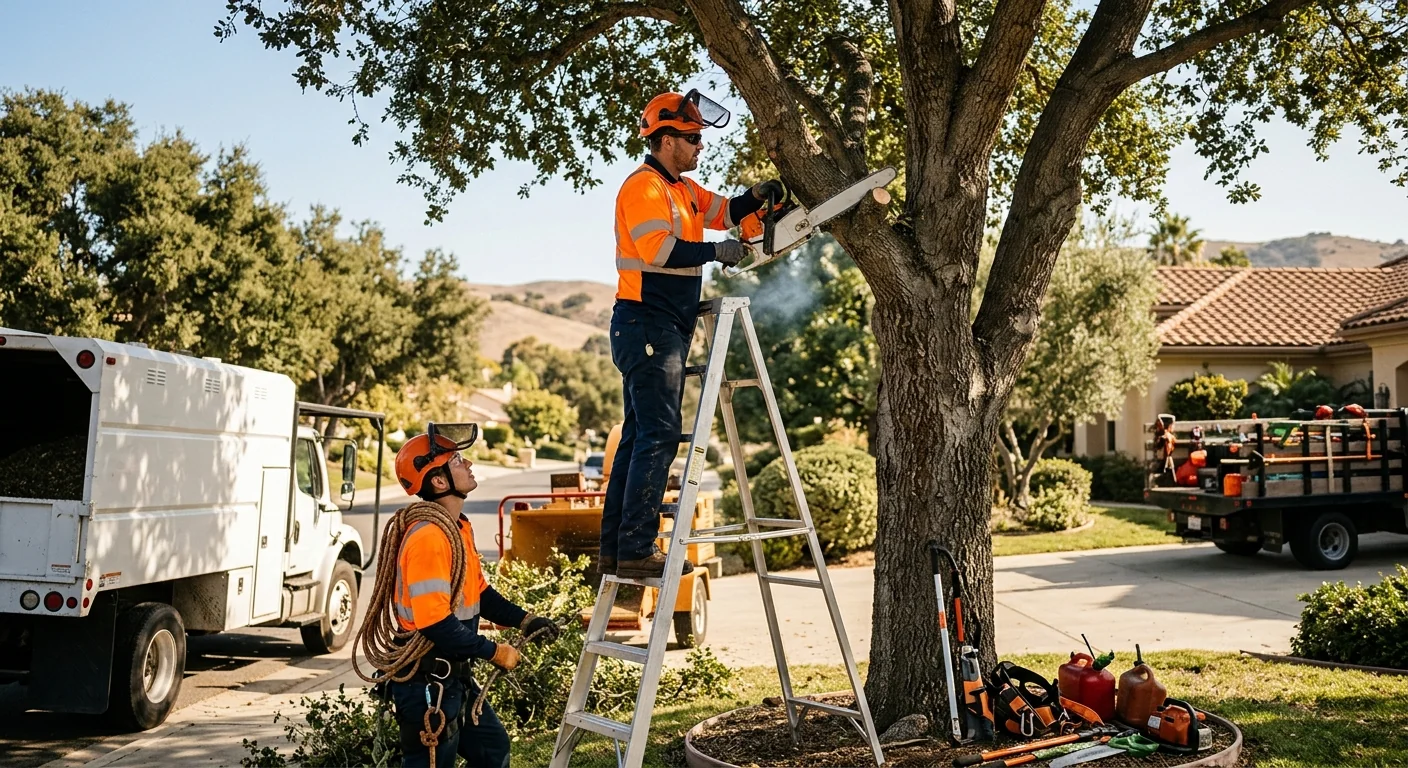 Arborist making a reduction cut on a mature oak canopy in a Thousand Oaks backyard