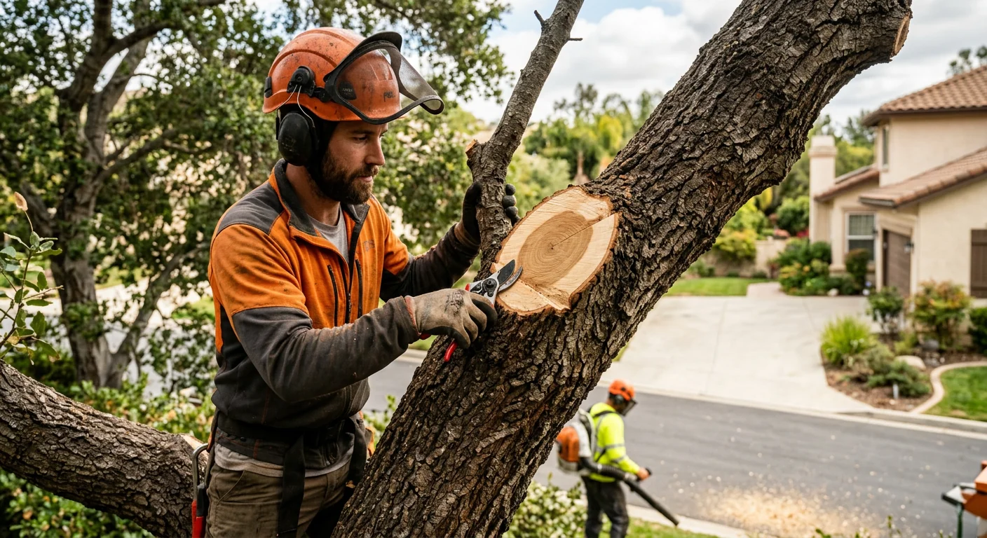 Close-up of clean pruning cut on a mature oak branch in Thousand Oaks