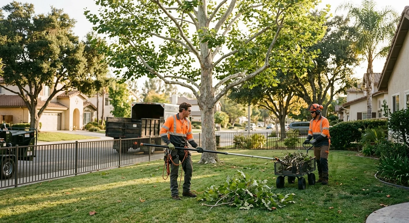 Wide shot of trimmed backyard sycamore with balanced canopy after crown thinning