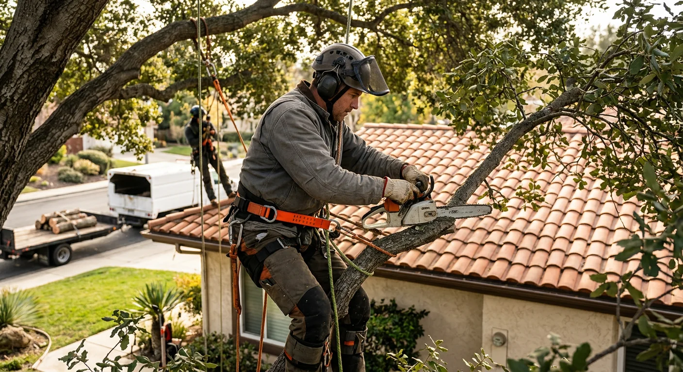 Arborist in harness performing canopy reduction near a suburban rooftop