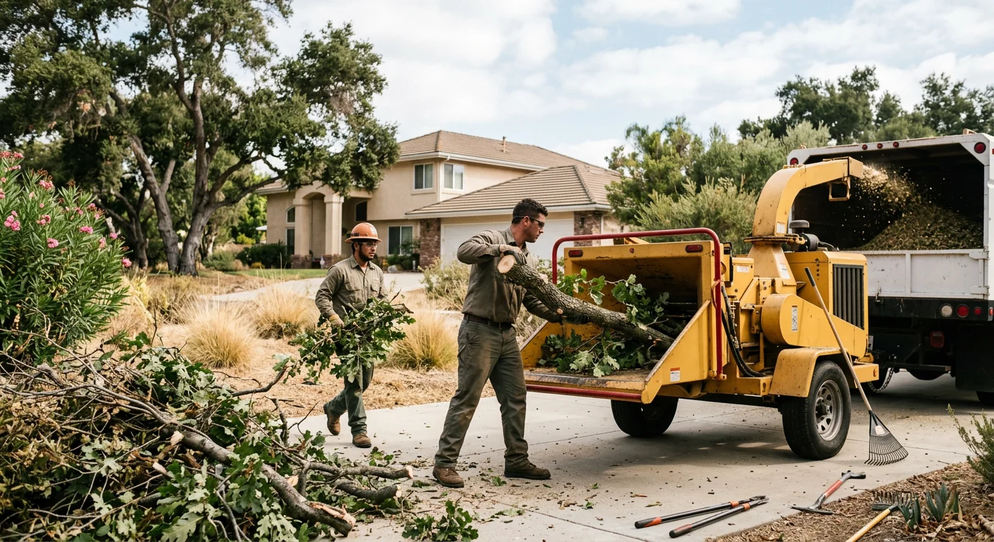 Ground crew feeding trimmed limbs into a chipper during a service visit