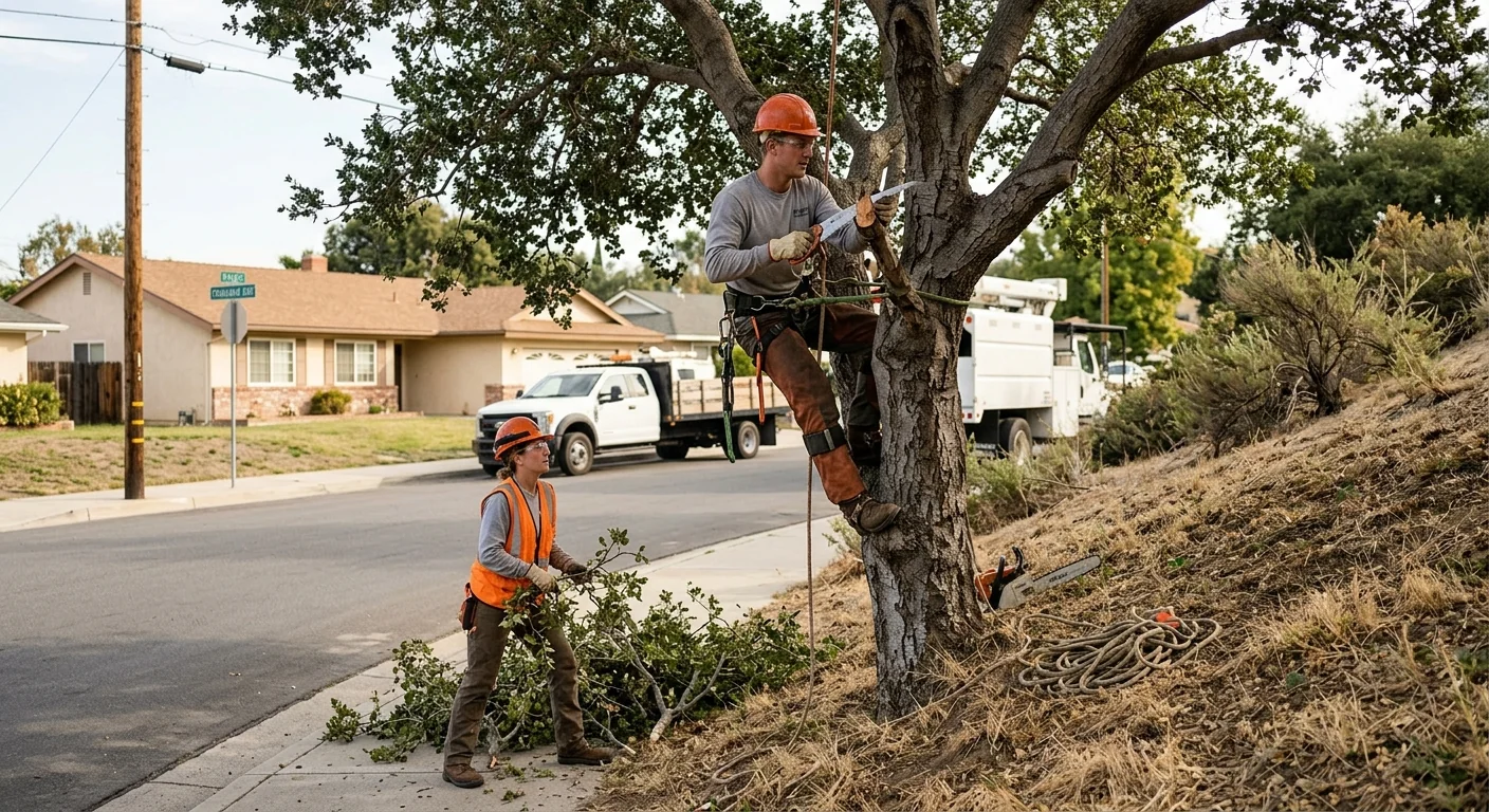Deadwood removal on an older hillside tree overlooking a residential street