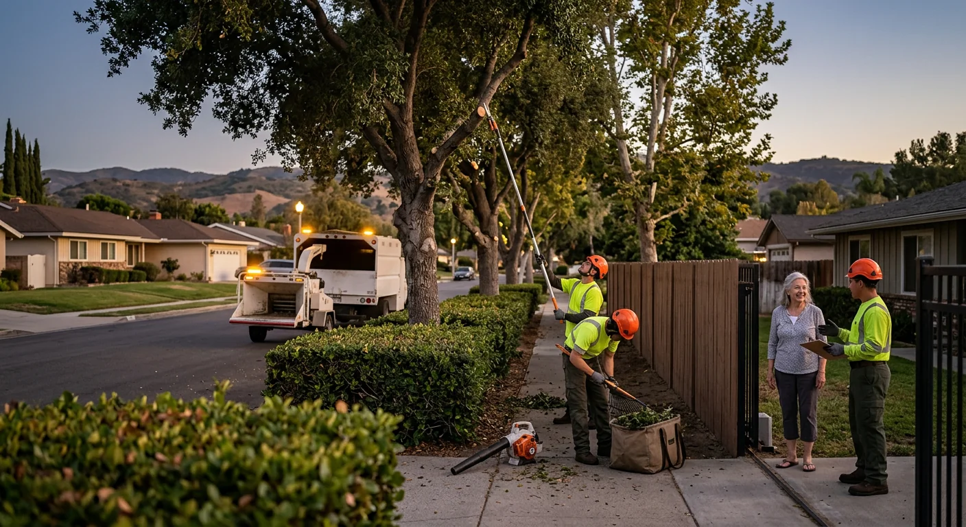 Neatly trimmed hedge line and shade trees along a property fence at dusk