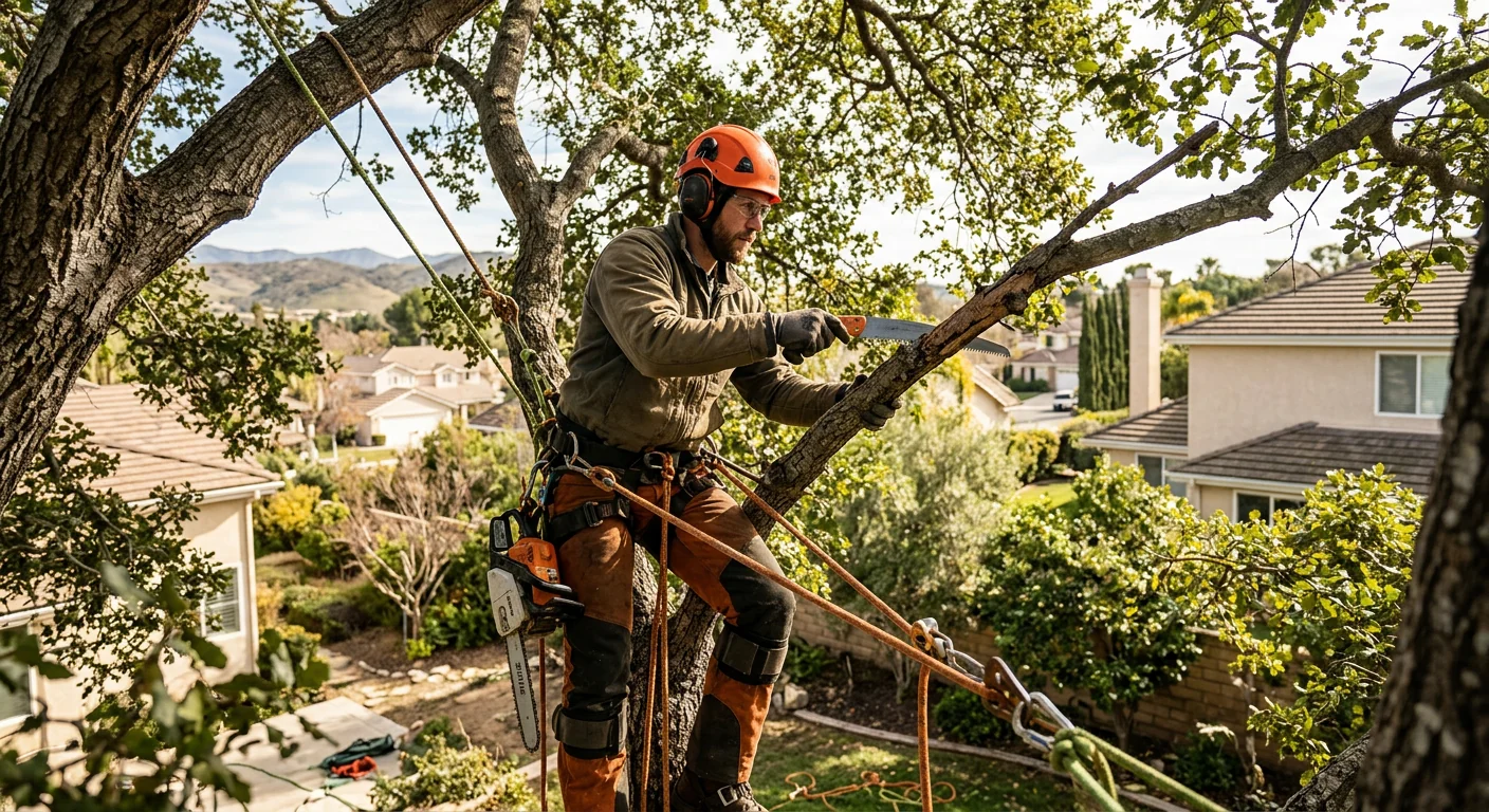 Climber performing selective pruning cuts high in a residential tree canopy