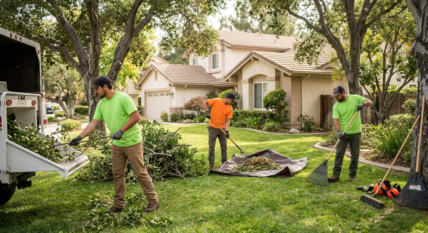 Ground crew clearing trimmed branches from a tidy Thousand Oaks yard